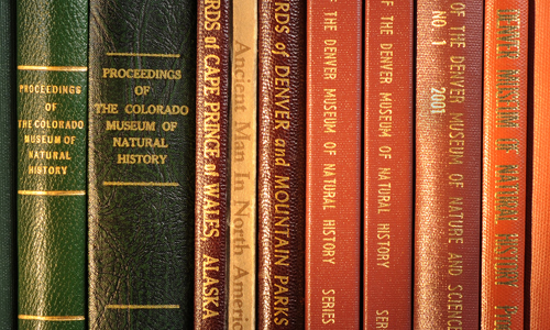 Spines of 10 books, older with various titles and colors